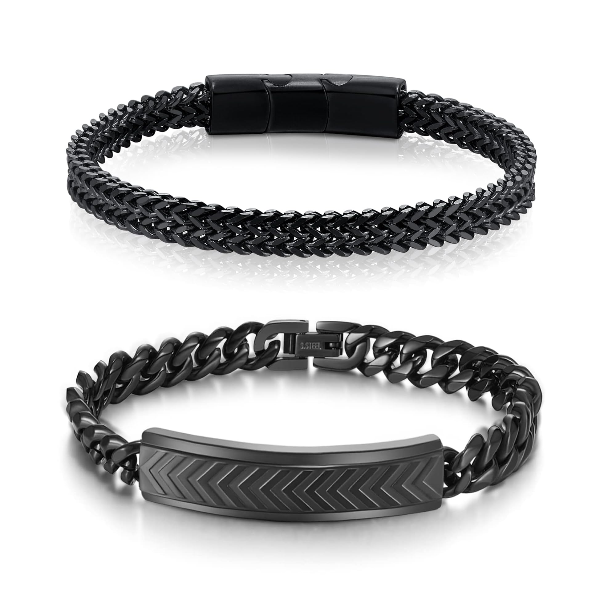 2PCS Bracelets for Men:Stainless Steel Magnetic Clasp Franco Chain in Black &Stainless Steel Fold Over Clasp Cuban Chain - Ideal Gifts for Dad, Grandpa, Boyfriend, Husband, Son, Brother