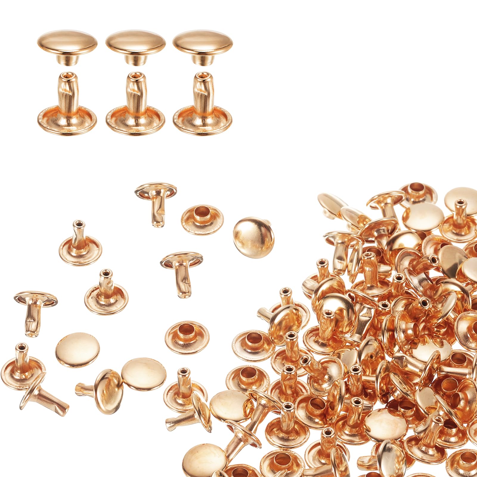sourcing map 80 Sets Double Cap Rivets 9x8mm Carbon Steel Round Head Snaps Studs Fasteners Tubular Metal Studs for Leather Craft Repairs Decoration, Light Gold