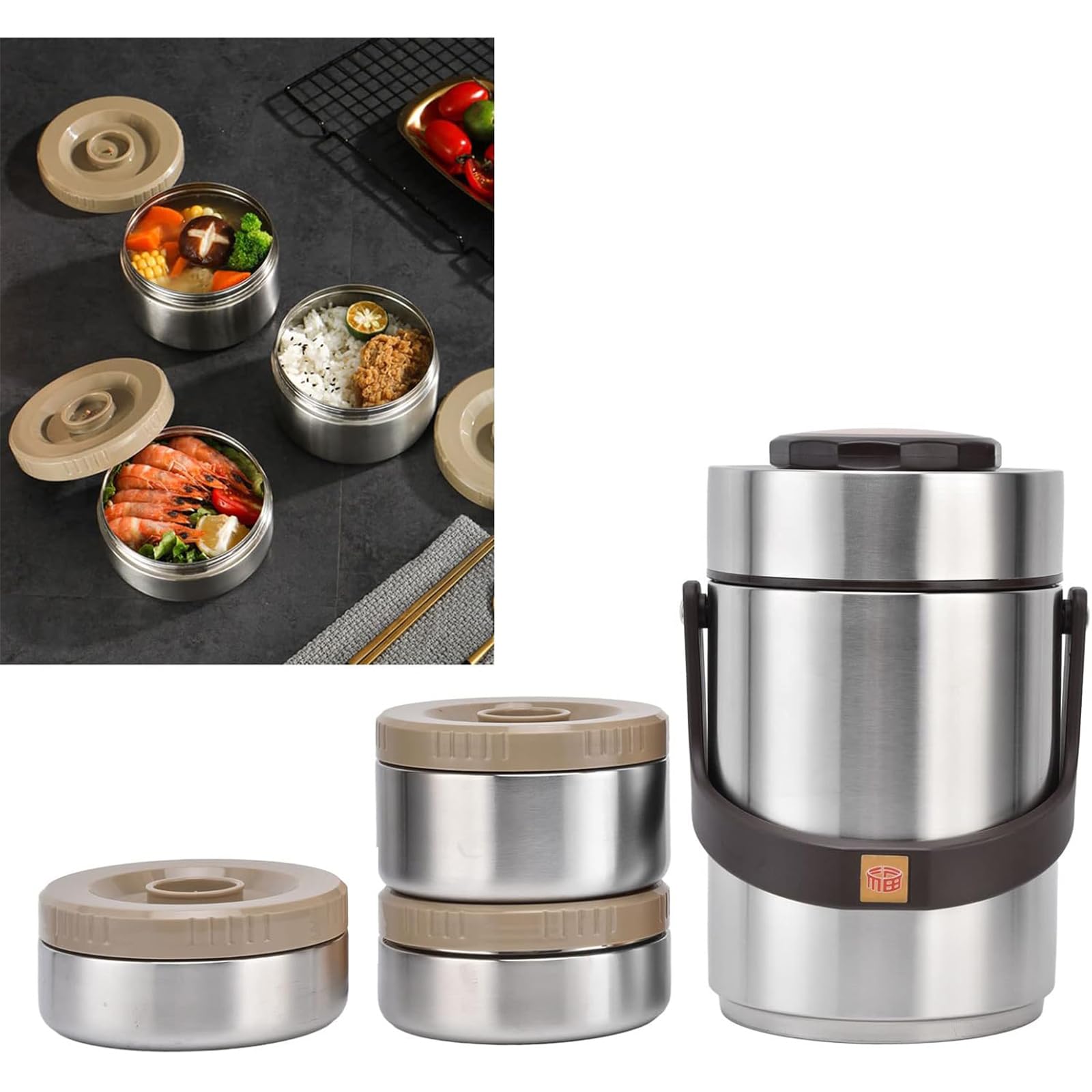 Bentos Box aus rostfreiem Stahl mit 3 Fächern, Thermo Lebensmittelbehälter, auslaufsicherer, isolierter Behälter für draußen, Büro, Reisen, stapelbarer Thermo Lebensmittelbehälter