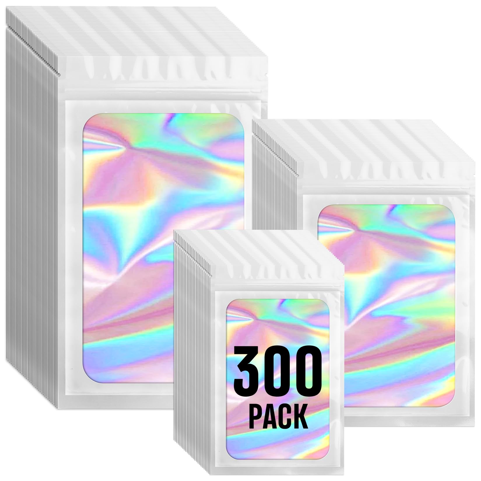 300 Pack 3 Size Mylar Holographic Bags with Clear Window,Resealable Bag Smell Proof Foil Baggies Packaging Pouch for Food Storage,Sample,Small Business(White,3x4.7,4x6,4.7x7.9in)