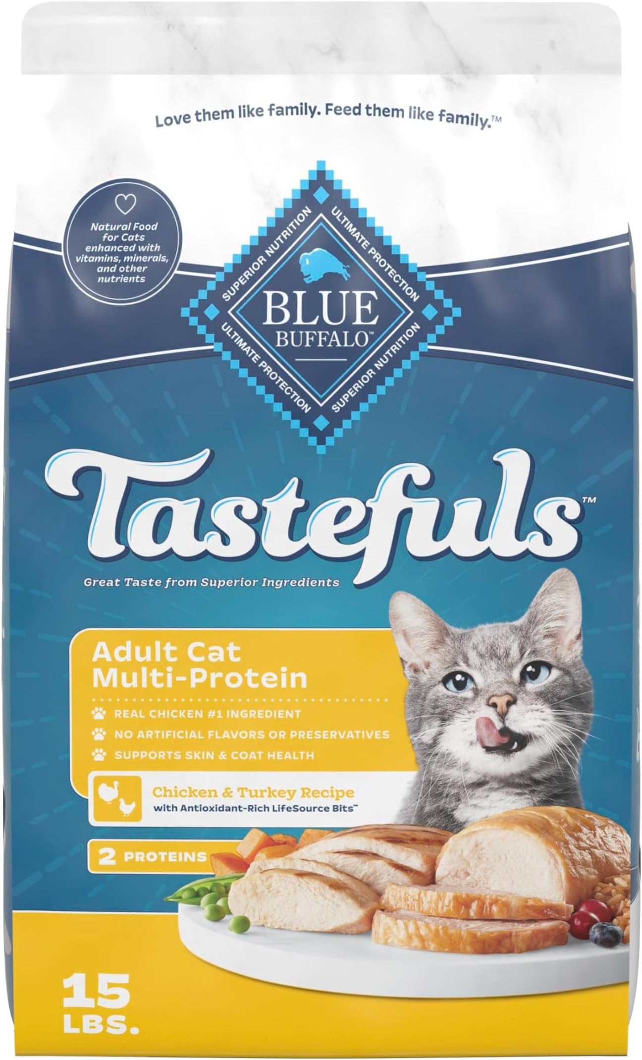 Blue Buffalo Tastefuls Chicken & Turkey Multi-Protein Dry Cat Food, 15 lb