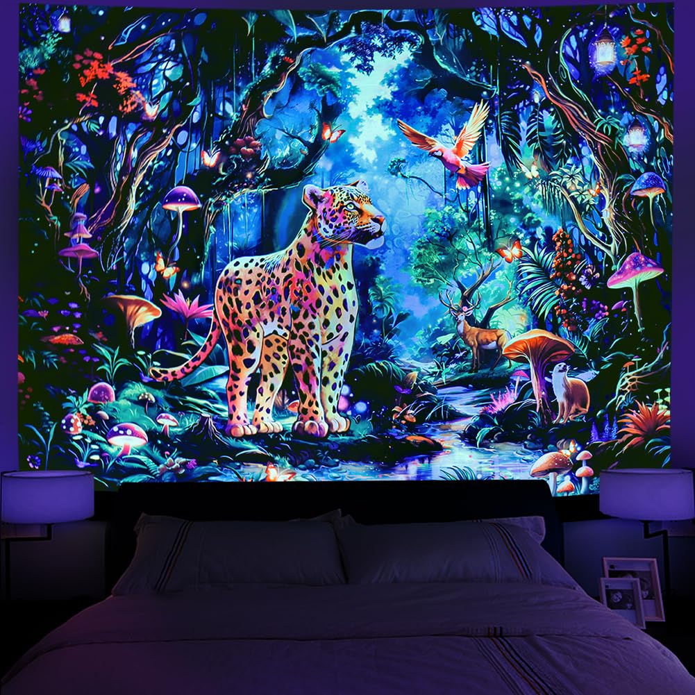 Serborlur Fantasy Forest Blacklight Cheetah Jungle Nature Tree Rainforest Hippie Boho Mushroom Leopard Wall Tapestry for Bedroom Living Room (51.2 59.1 inches)