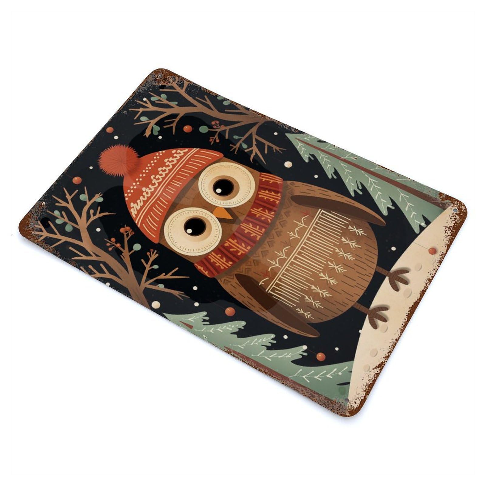 Garage Style Vintage Owl Xmas Rust Effect Tin Sign 11.8"x7.9", Industrial Home Decor for Bar And Workshop
