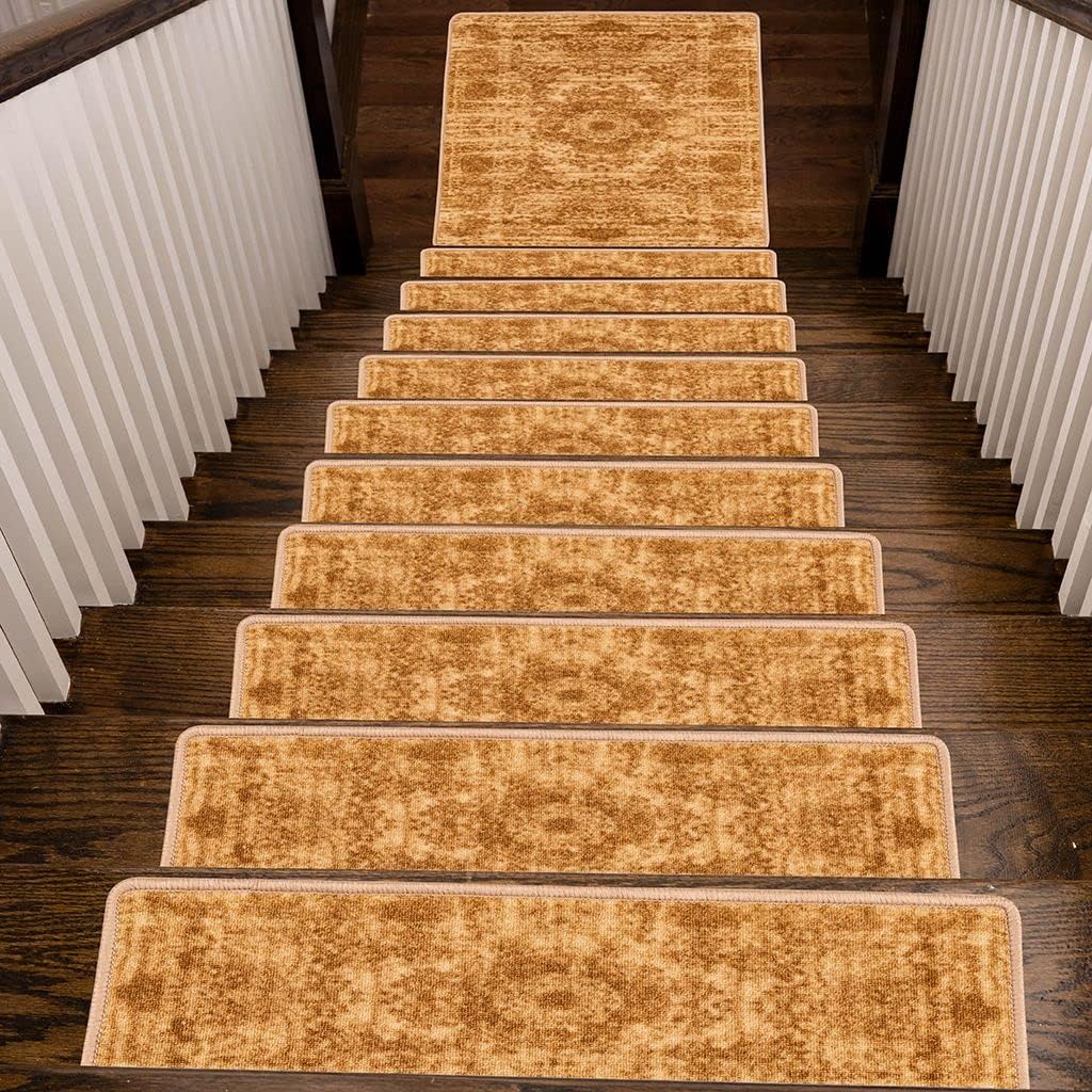 Benissimo, 13+1 Stair Treads Carpet, Landing Slip Resistant Stair Rugs, Modern Printed Design, Soft Runner for Indoor Wooden Step, Set of 13 (9"x32") + 1 (31"x31"), Harvest Festival