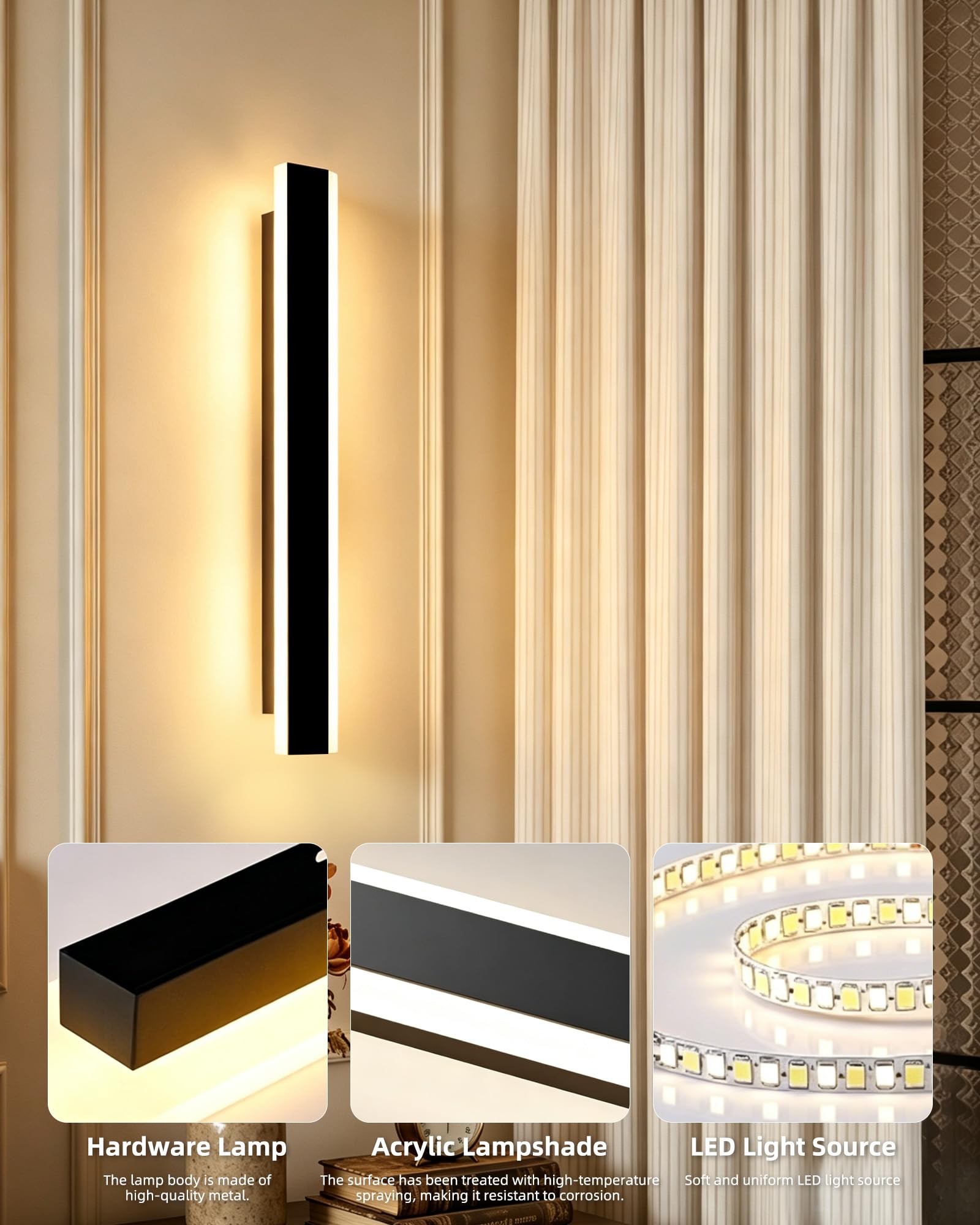 Applique da parete a LED Interno Moderni con Telecomando,120CM Luci | Dimmerabile 10%-100%,3000K-4500K-6000K,Lampada da Parete Lungo Mordern per Camera da Letto, Soggiorno,Scala,120CM/35W/Nero