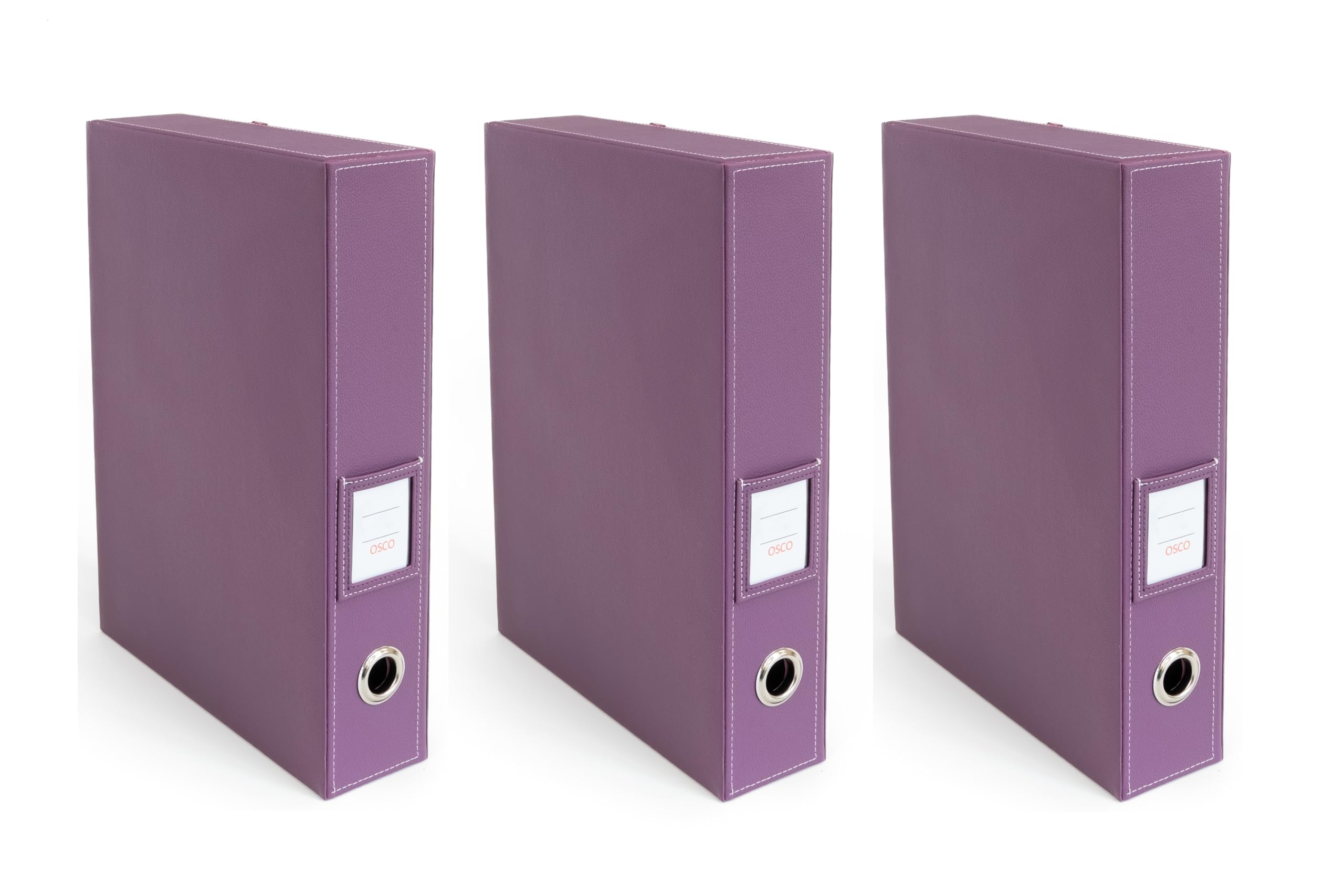 Osco Faux Leather Box File – Paperwork Archive, A4 Document Storage Box with Lock Spring & Press-Stud Fastening, Stylish Home & Office Filing Solution, 37.5×26.5×8 cm, 3-Pack, Purple