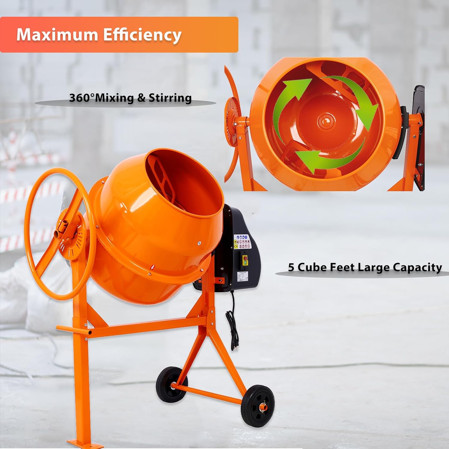 5 CU FT Electric Cement Mixer, 2/3 HP 650W Portable Electric Concrete Mixer Machine with Wheel and Stand, 120V Power Cement Mixer Machine for Stucco Mortar Seeds Fodder