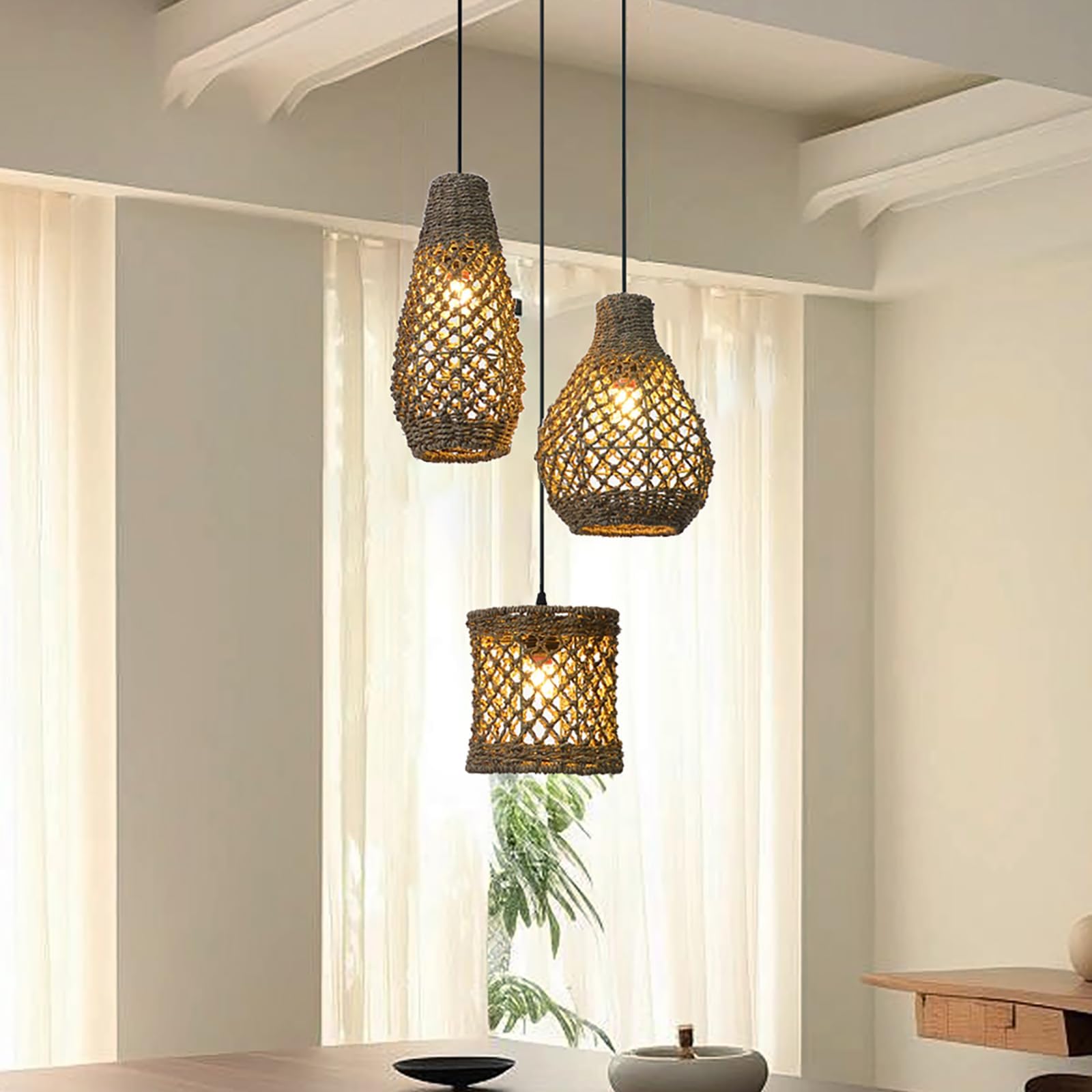 Picture of Arturesthome 3 Lights Rustic Pendant Light Fixture, Woven Rattan ...