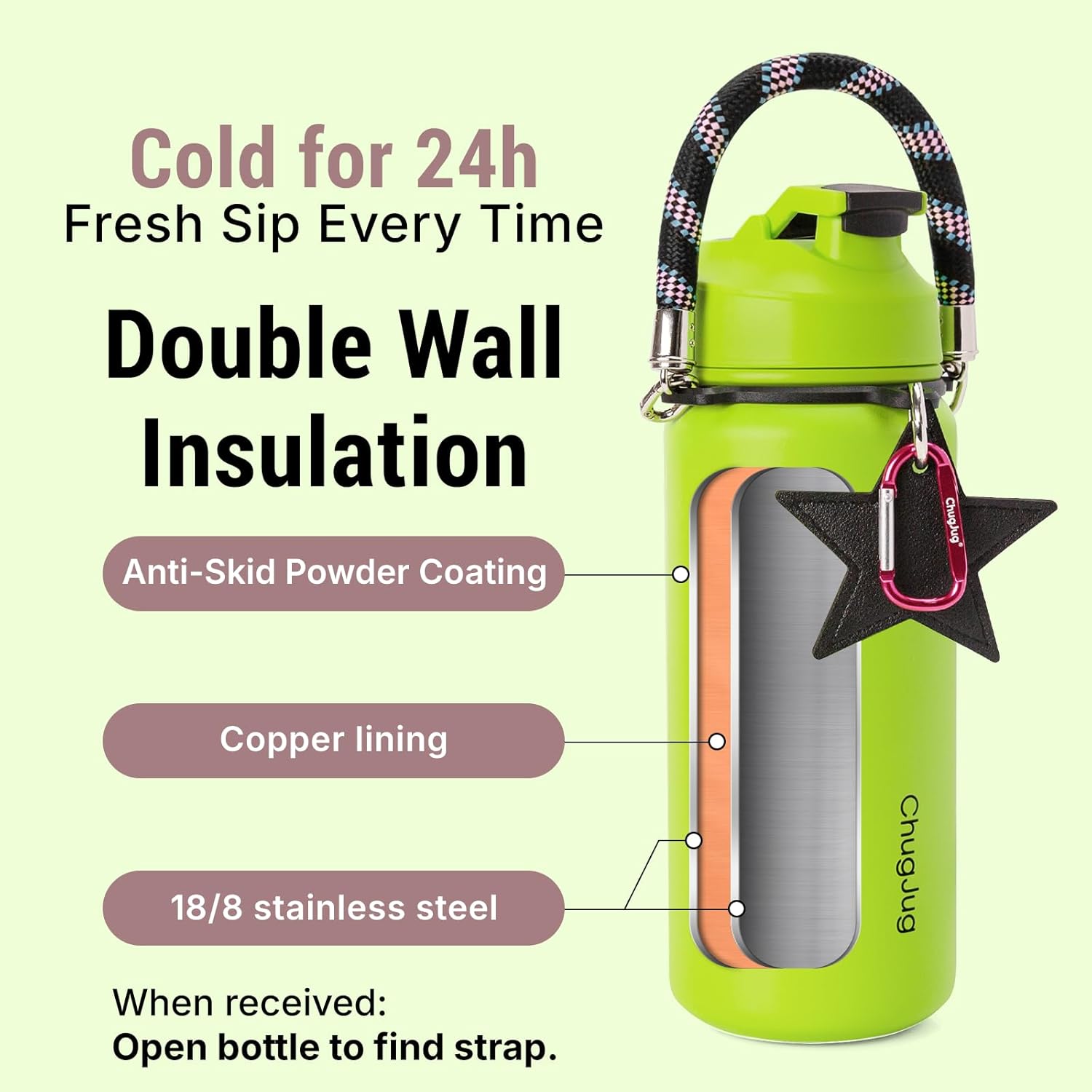 Insulated Water Bottle 32 oz with Strap, Leak-Proof Stainless Steel Water Bottle with Flip Straw & Spout Lid, BPA-Free, Reusable Cute Metal Water Bottles for Women & Girls, Keeps Drinks Cold - Image 2