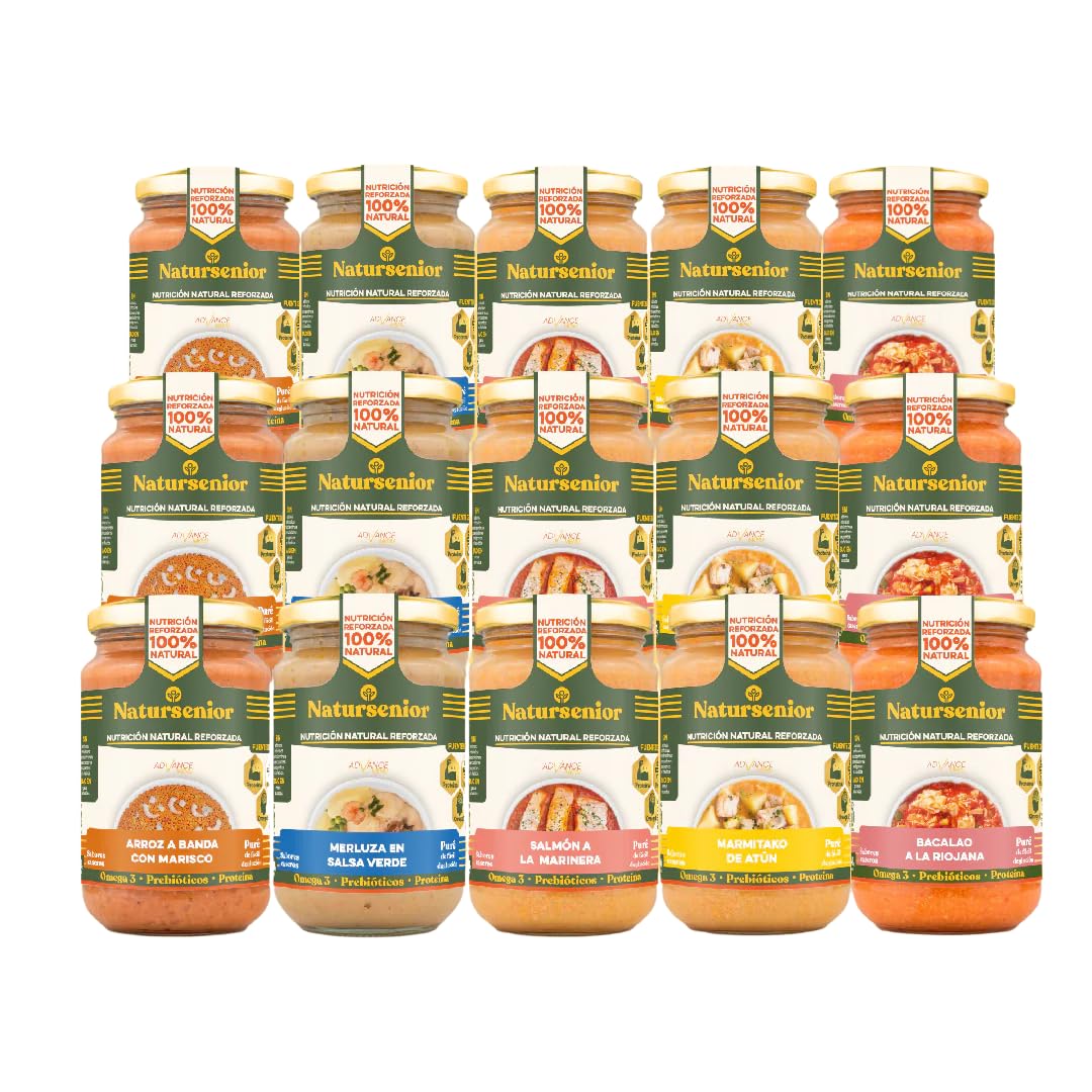 Natursenior - Comida Triturada para Personas Mayores - Pack Purés Variados Pescado - 100% Natural, Omega 3, Fibra, Proteína - 15 uds x 340g