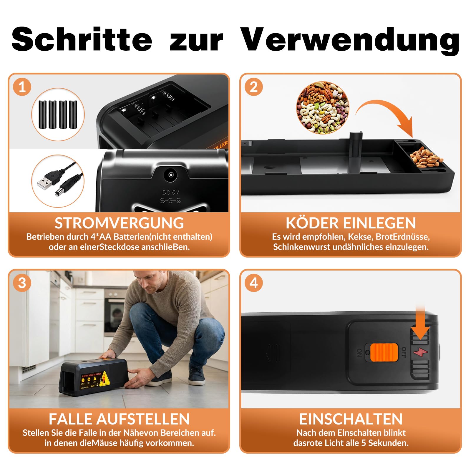 Elektrische Rattenfalle 2800V, Wiederverwendbare Mausefalle Elektrisch mit Großem Einlass, Sofortige und Schmerzlose Schädlingsbekämpfung, Hygienische Elektronische Schlagfalle für Mäuse und Ratten