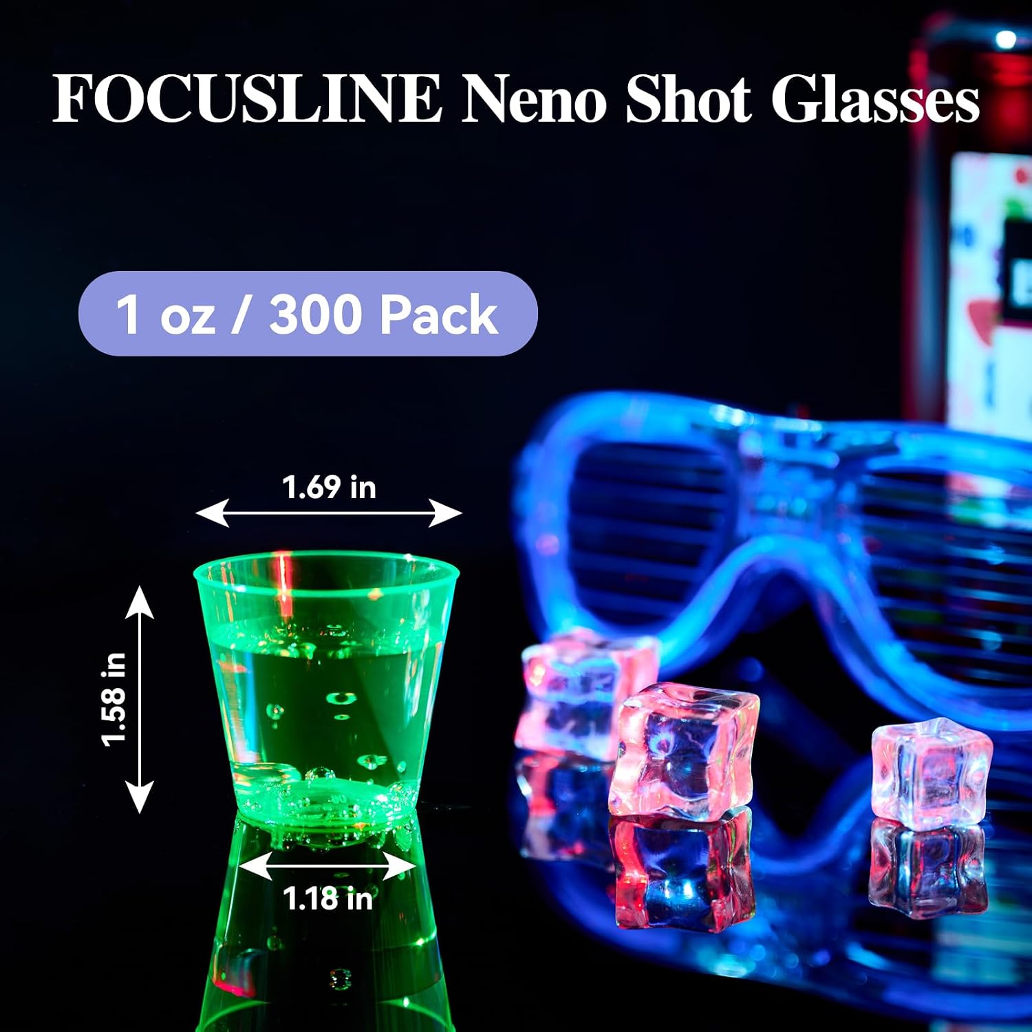 FOCUSLINE 300Pack 1 Oz Plastic Shot Glasses Set, Neon Party Mini Glasses