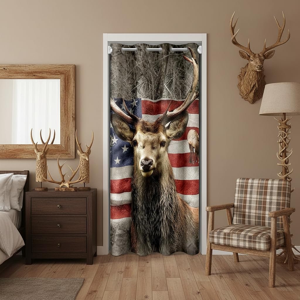 Castle Fairy American Flag Deer Door Curtain for Doorway Privacy Brown Wildlife Animal and Trees Doorway Curtain for Livingroom Decoration Colorful USA Flag Privacy Door Drape 1 Panel 52" W X 84" L image 2