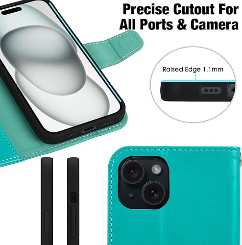 Miniatura 26 de Arae Compatible with iPhone 15 Case with Card Holder and Wrist Strap Wallet Flip Cover for iPhone 15 6.1 inch,Wine Red