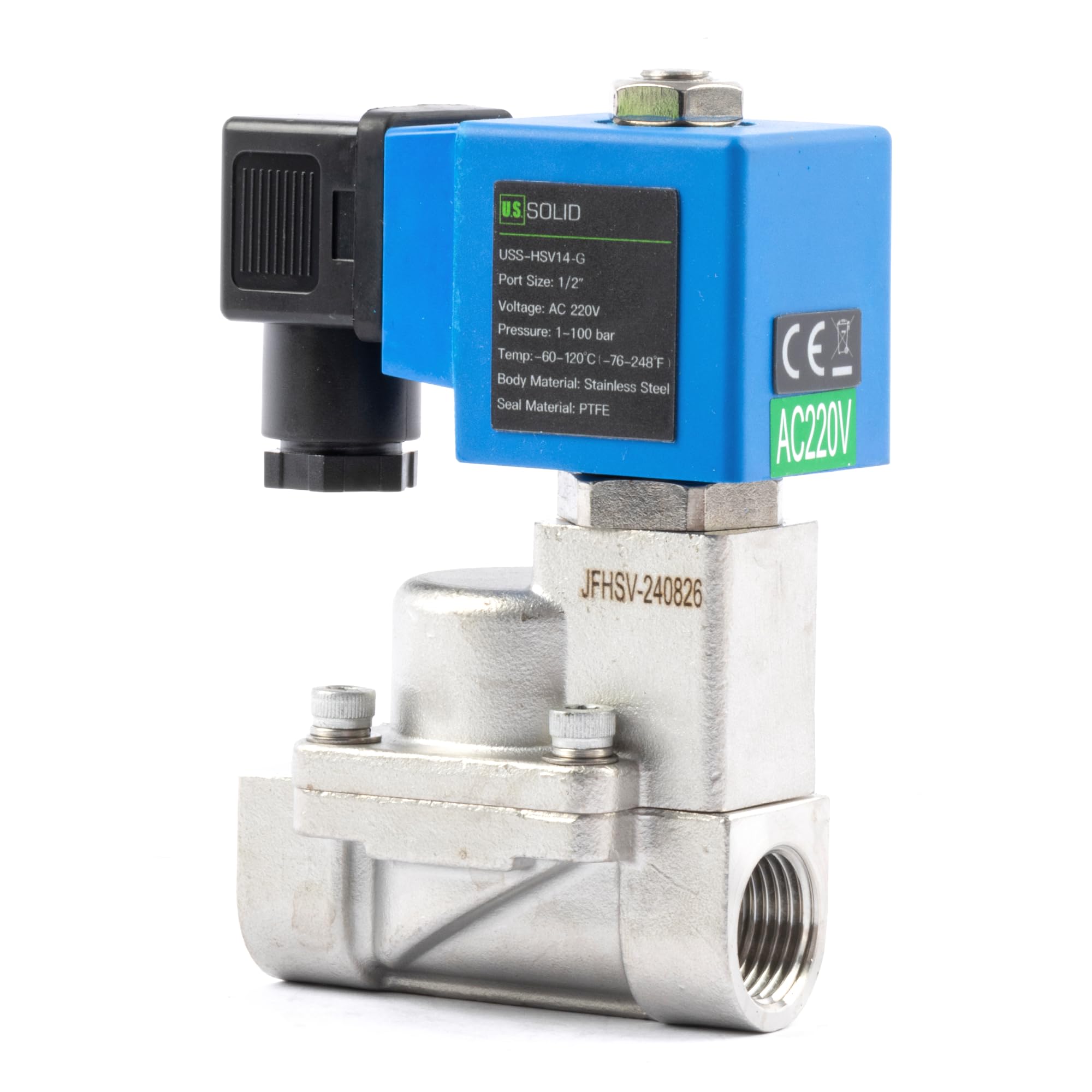 U.S. Solid Electroválvula de alta presión - 1/2", 100 bar, acero inoxidable, 220 V AC, resistente a altas temperaturas de -60 a 120 ℃