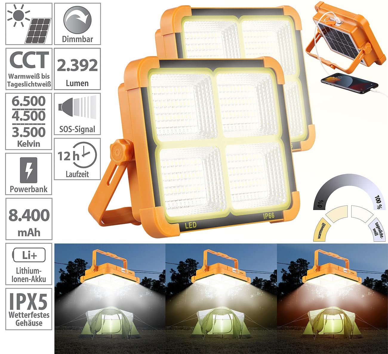 Luminea Baustrahler: 2er-Set High-Power-LED-Strahler, Akku, Solar, 2400 lm, dimmbar, CCT (Akku Baustrahler, Scheinwerfer, Panel)