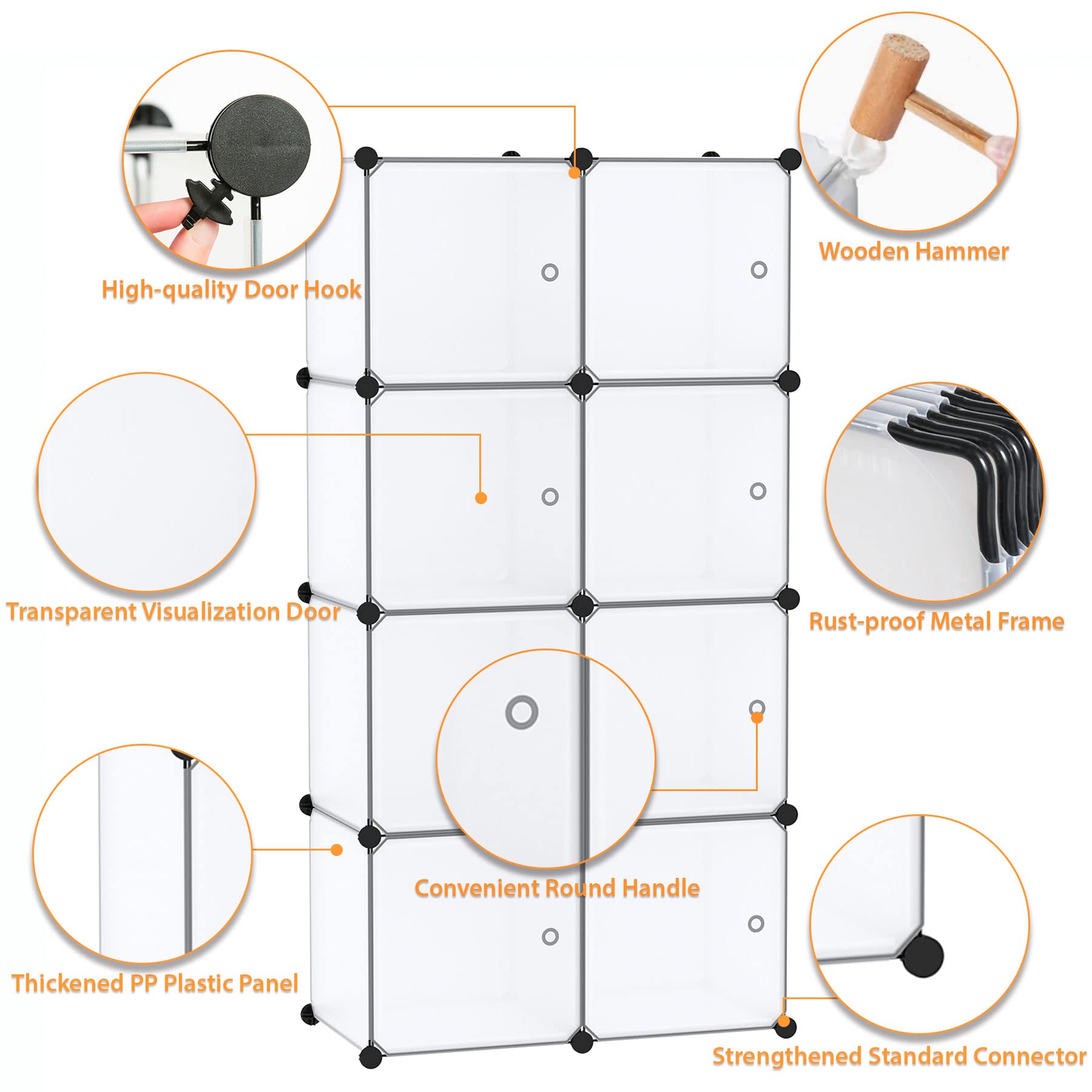 C&AHOME Organizador de almacenamiento en forma de cubo con puertas, estante de 8 cubos, armario de armario, estantería modular de plástico, estantes de almacenamiento, ideal para dormitorio, sala de