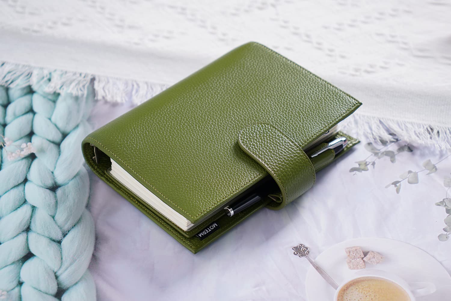 Moterm Personal Luxe Planificador de Anillas - Organizador Carpeta de Cuero Auténtico (Anilla 30mm, Verde Oliva Guijarro)