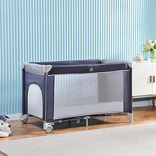 Baby Travel Cot with Mattress 125 x 66cm, Folding Baby Crib and Playpen (Birth to 3Y), Portable Infant Nursery Center Playard with Wheels, Carrying Bag, Toddler Travel Bed, Black-Grey
