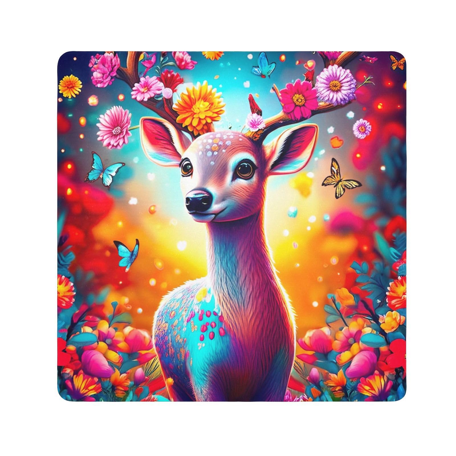 ODAWA Colorful Deer Flowers Butterflies Self-Adhesive Cloths 21.7X21.7 Inch Makeup Wrap Cloth Bag Wrap Protection for Camera and Lens