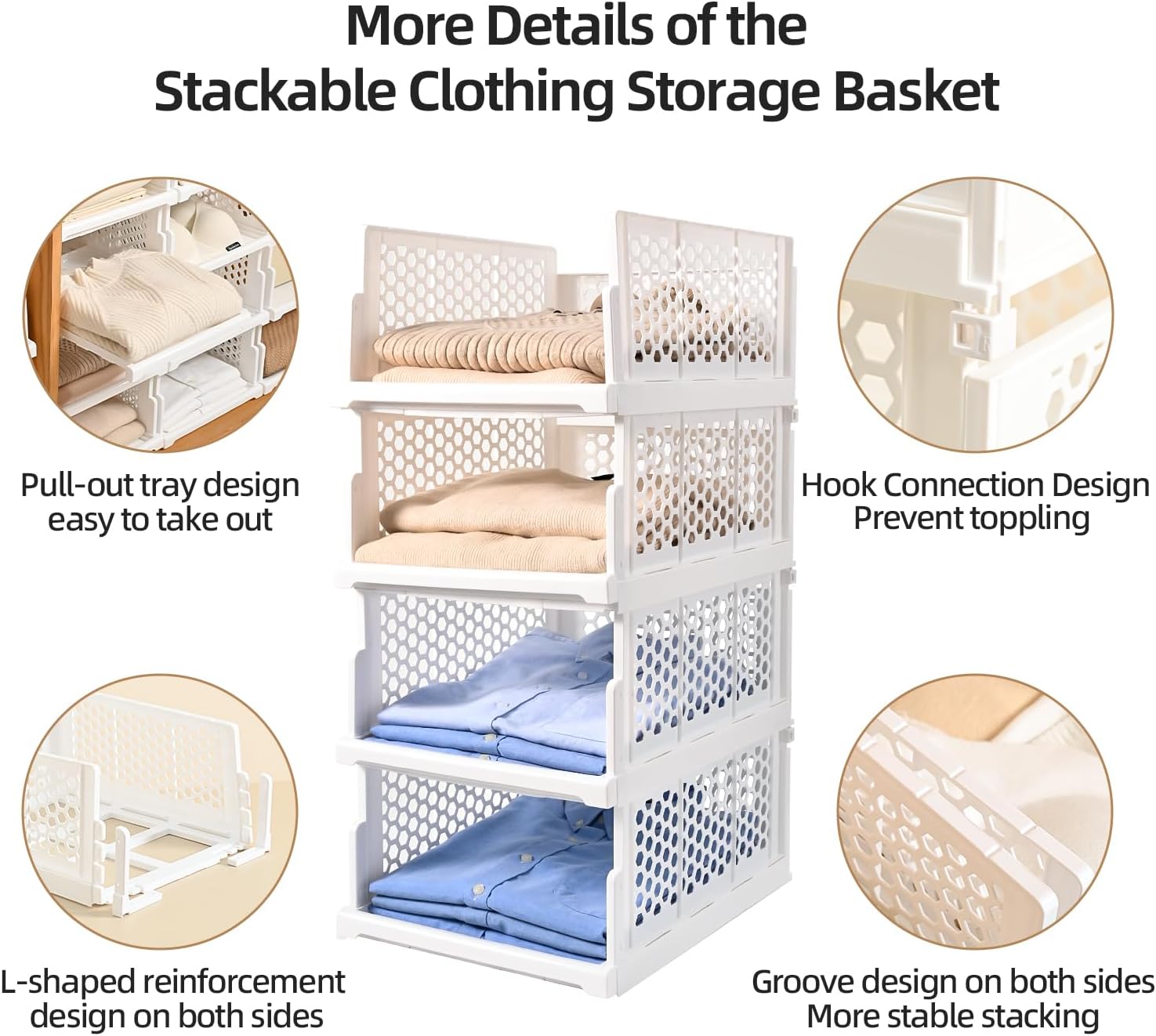 Pull-out Plastic Storage Basket,Stackable Closet Organizers Drawer Anti-Tipping, Reinforced Stable Shelf Container for Bathroom Laundry Room Storage, Space-Saving Clothes Storage (white, Large-5pcs)