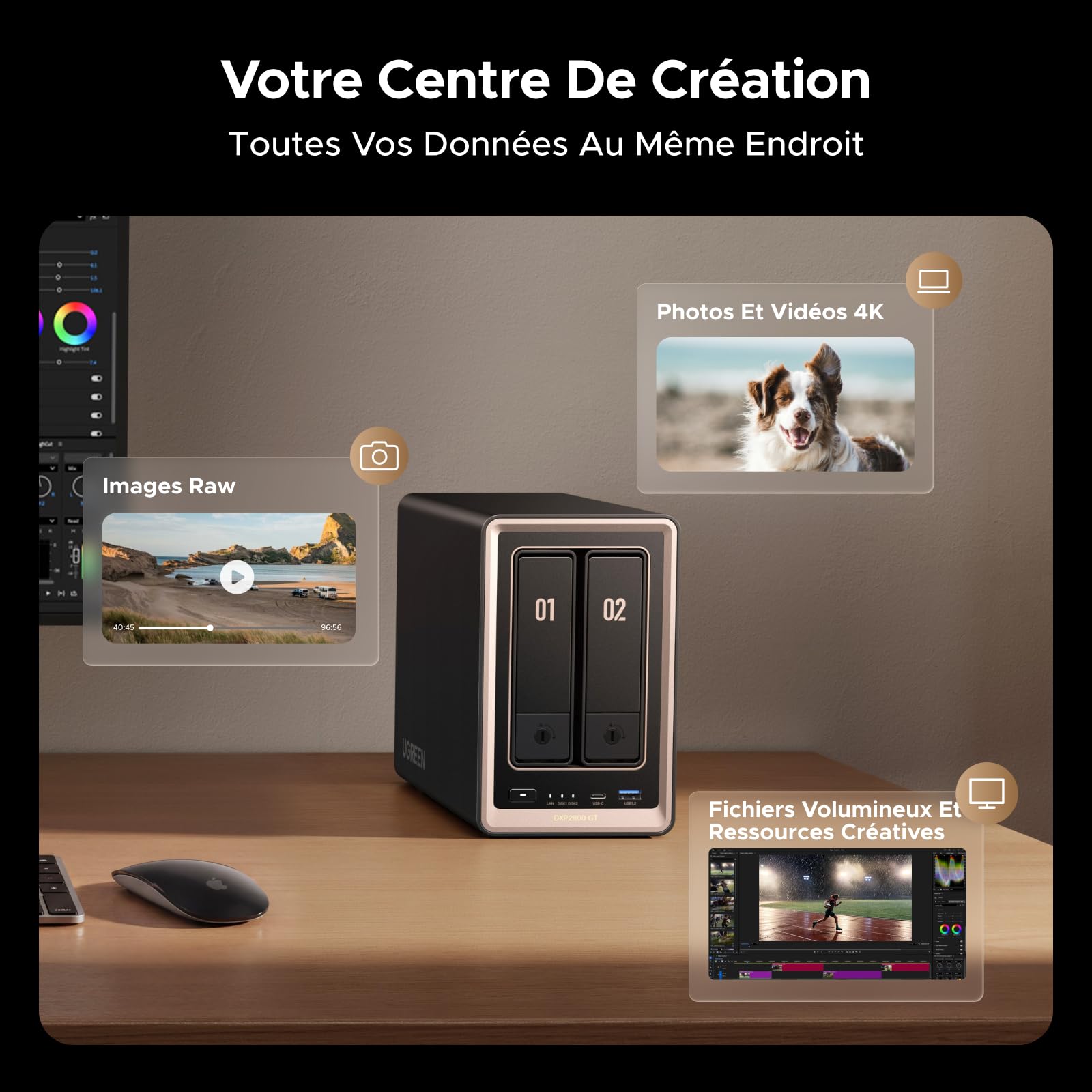 UGREEN NASync DXP2800 GT Stockage NAS 2 Baies, LAN 10GbE, CPU AMD Ryzen Embedded R2514, 8 Go RAM, Double M.2 NVMe, HDMI 4K, Centre de Surveillance, Support Docker, Home Assistant (sans disques)