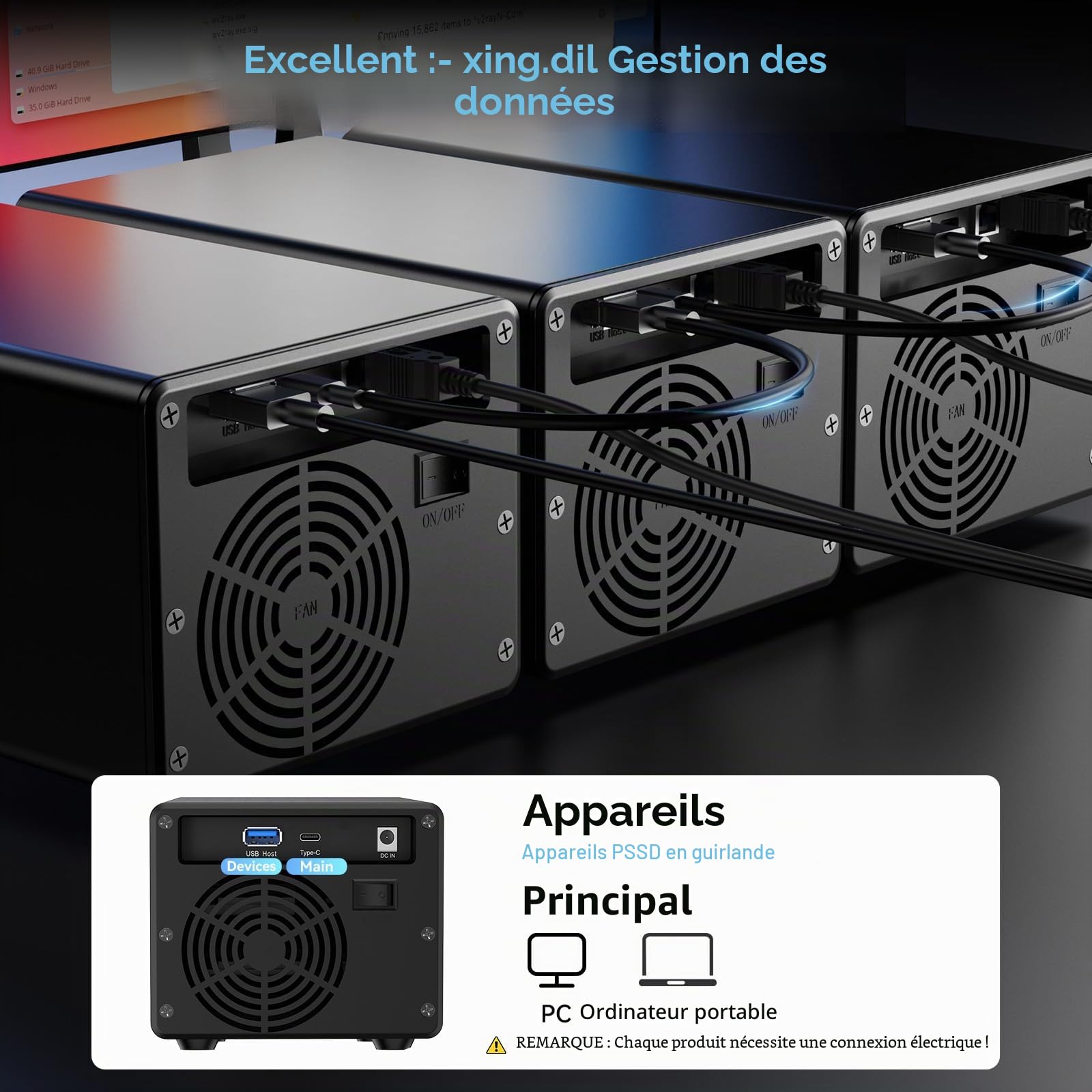 Boîtier Disques Durs, Aluminium Boîtier 3 Baies 10Gbps avec Ventilateur pour HDD/SSD SATA 2,5/3,5, Câble USB A/C 3.2 Remplacement à Chaud, Boîtier HDD sans Outil, DAS (sans Raid/NAS)