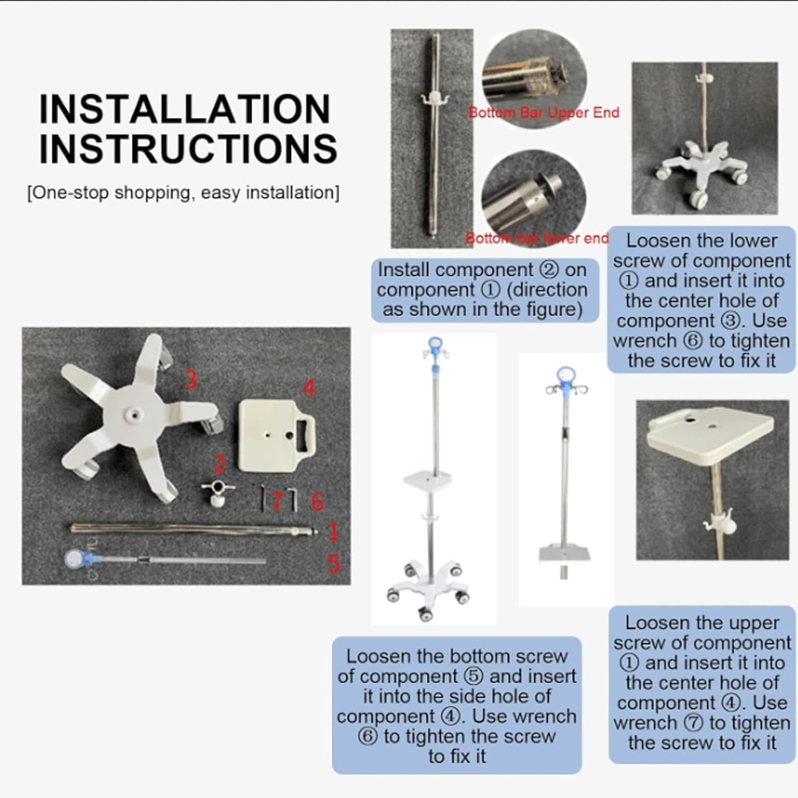 EYPKPL Supporto for flebo da Pavimento con Ruote, in Acciaio Inox, con Vassoio e Cestino portaoggetti, for Assistenza domiciliare, ospedali, cliniche