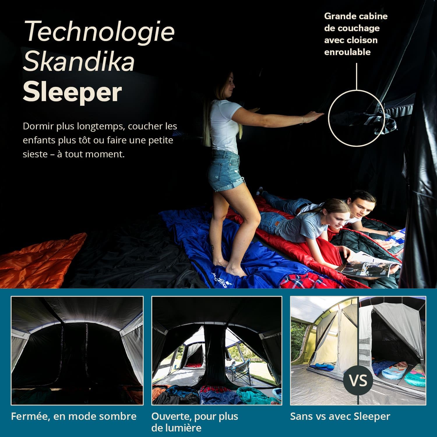 Skandika Tente Tunnel Montana 8 Personnes | Tente de Camping avec/sans Tapis de Sol Cousu, avec/sans Technologie Sleeper, 3-4 cabines de Couchage, Colonne d'eau 5000 mm