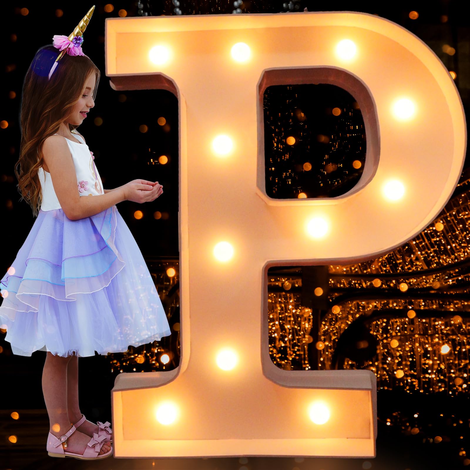 Photo 1 of 3FT Marquee Light Up Letters, Large Marquee Letters for Birthday Decoration, Mosaic Letters for Balloons, Light Up Large Block Letters for Baby Shower Party Decor, Pre-Cut Frame Giant Marquee Letter P