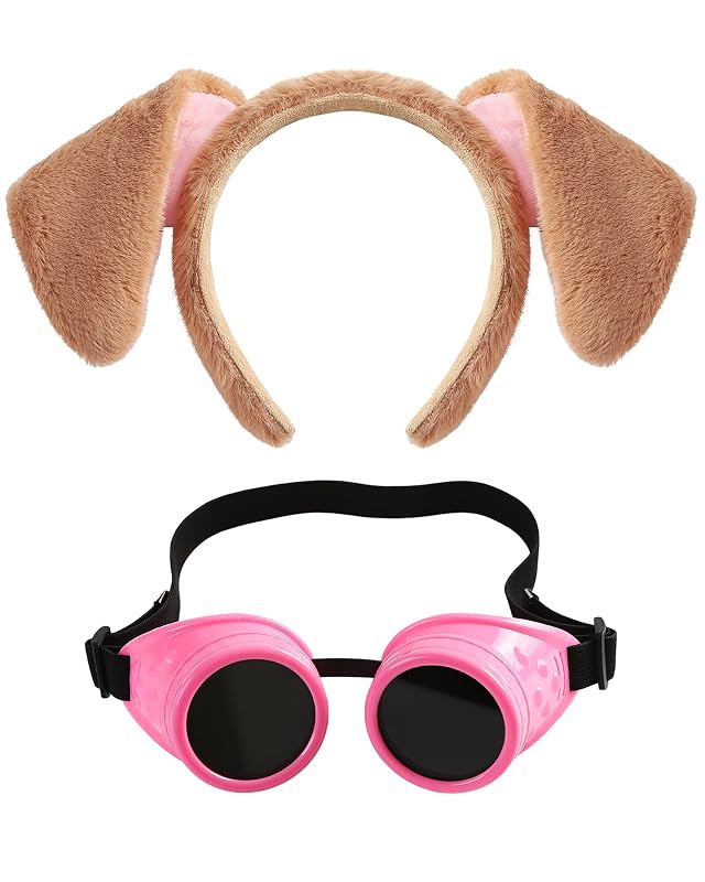 Tiara com Orelhas de Cachorro Marrom e Óculos Steampunk Rosa Carkno – Pacote com 2 Peças