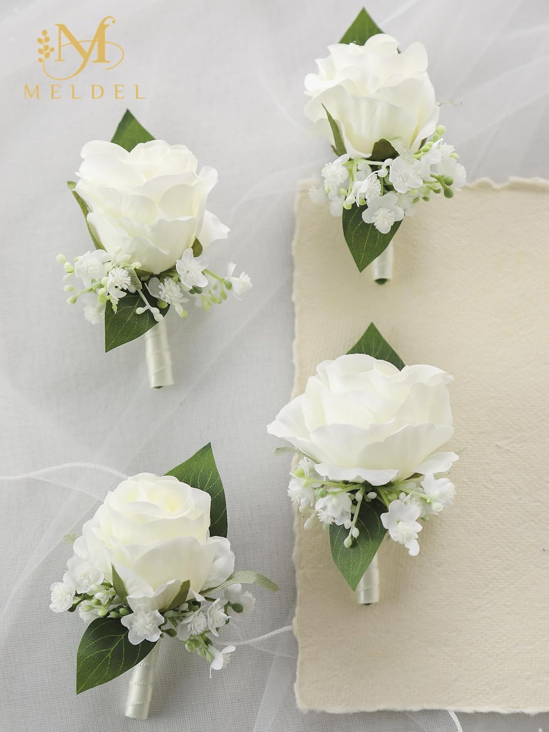 6Pcs Ivory White Rose Boutonniere for Men Wedding, Dance Party image 3