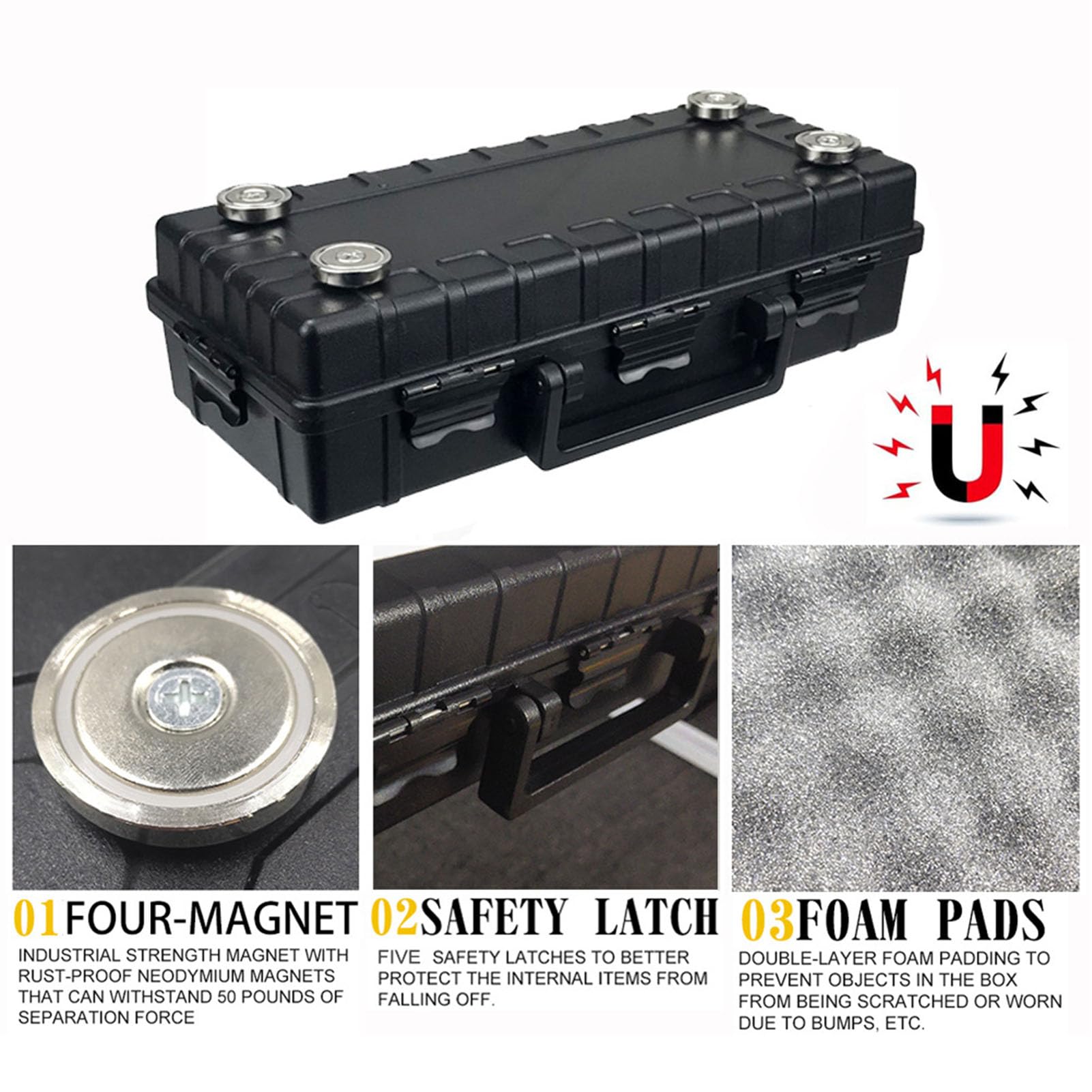 Yunir Caja de Llaves Magnética, Soporte Magnético Portátil para Llaves Debajo del Coche con 4 Imanes Fuertes, 5 Hebillas de Seguridad, Soporte para Llaves Oculto a Prueba de Agua