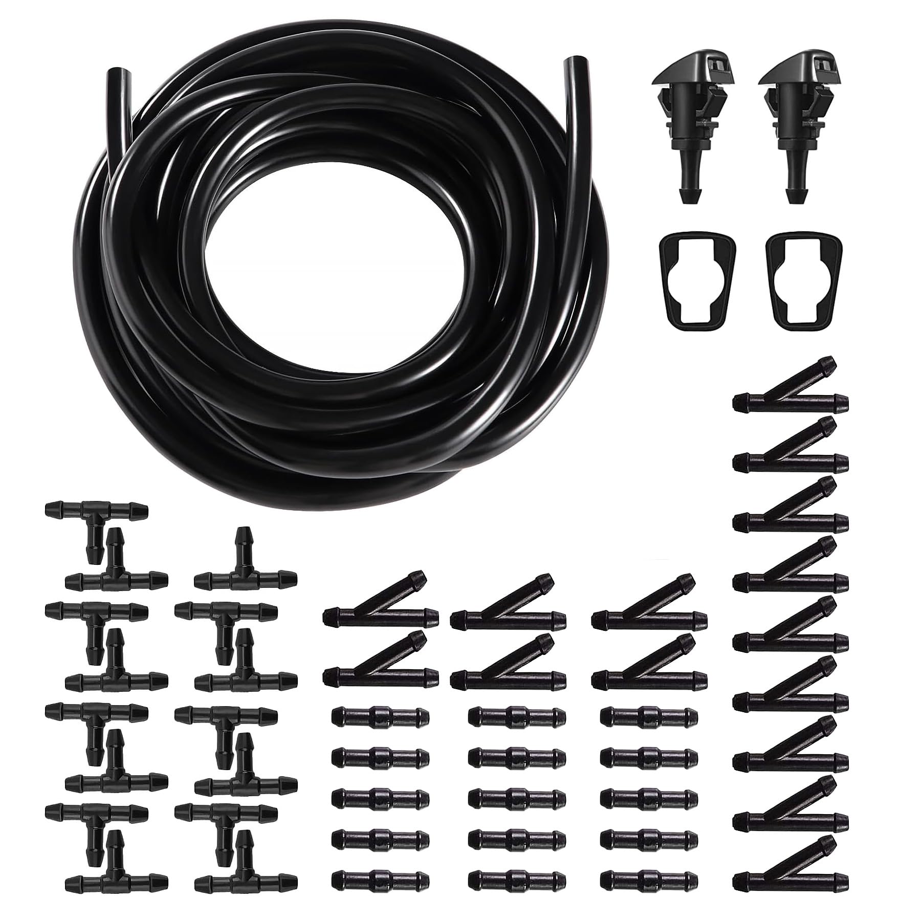 HUAZIZ 5m Tubo Tergicristalli con 45 Pezzi Conettore per Tubi (Tipo Y+I+T)+2 Pcs ugelli lavavetri, Tubi Lavavetri per Parabrezza Dell’auto, Tubo Flessibile per Acqua Tergicristalli, Nero