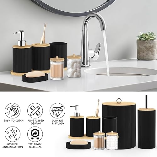 Miniatura 4 de Juego de accesorios de baño  Juego de 22 piezas de baño negro con cortina de ducha, basura, juego de portaescobillas de inodoro y dispensador de