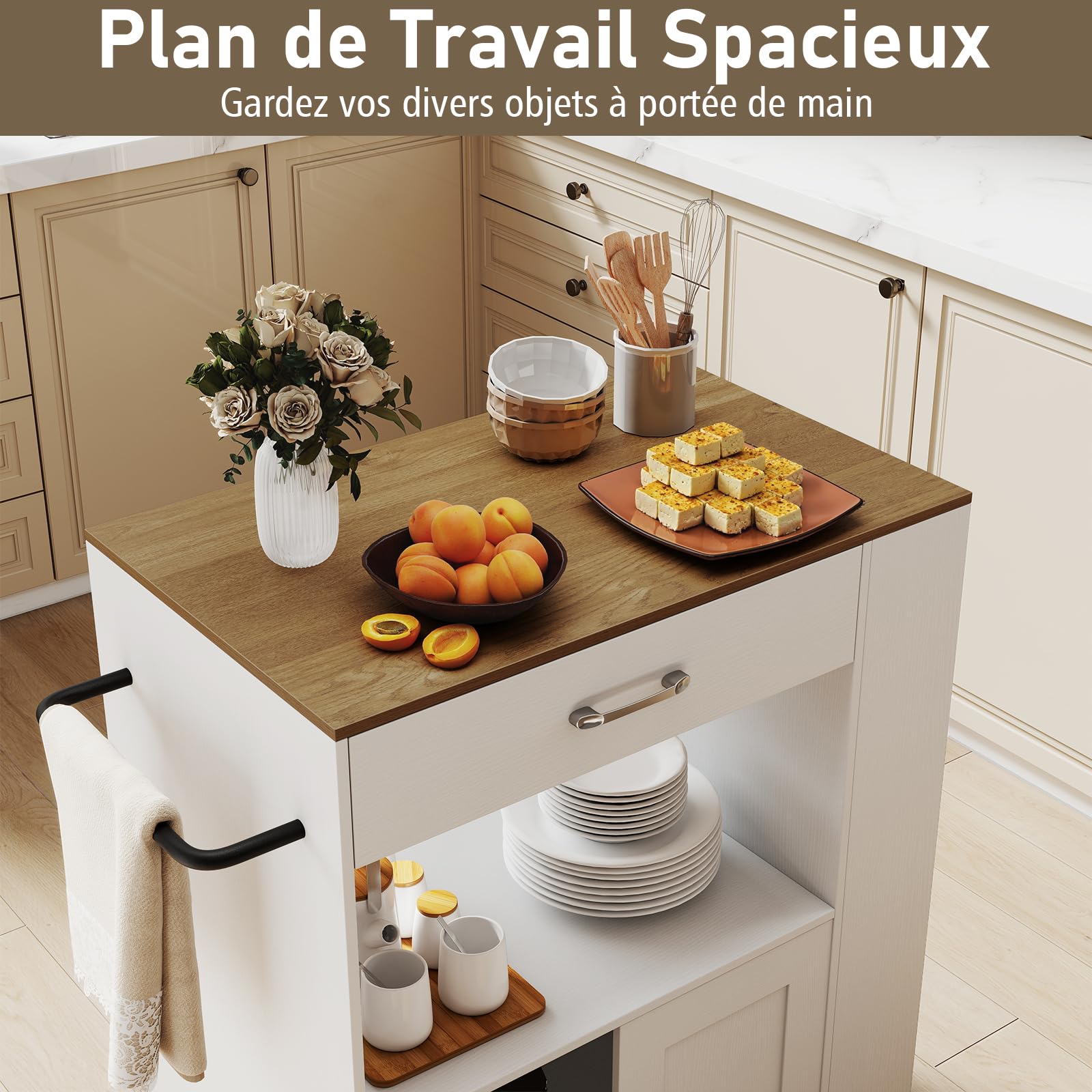GOPLUS Desserte à roulettes, Chariot Cuisine Rangement avec Placard, Armoire, Support à Épices 3 Niveaux et Porte-Serviettes, Meuble Rangement pour Cuisine, 82 x 50 x 92 cm (Blanc+Brun, Moderne)