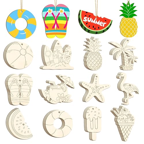 36PCS Wooden Summer Ornaments to Paint, 12 Styles DIY Blank