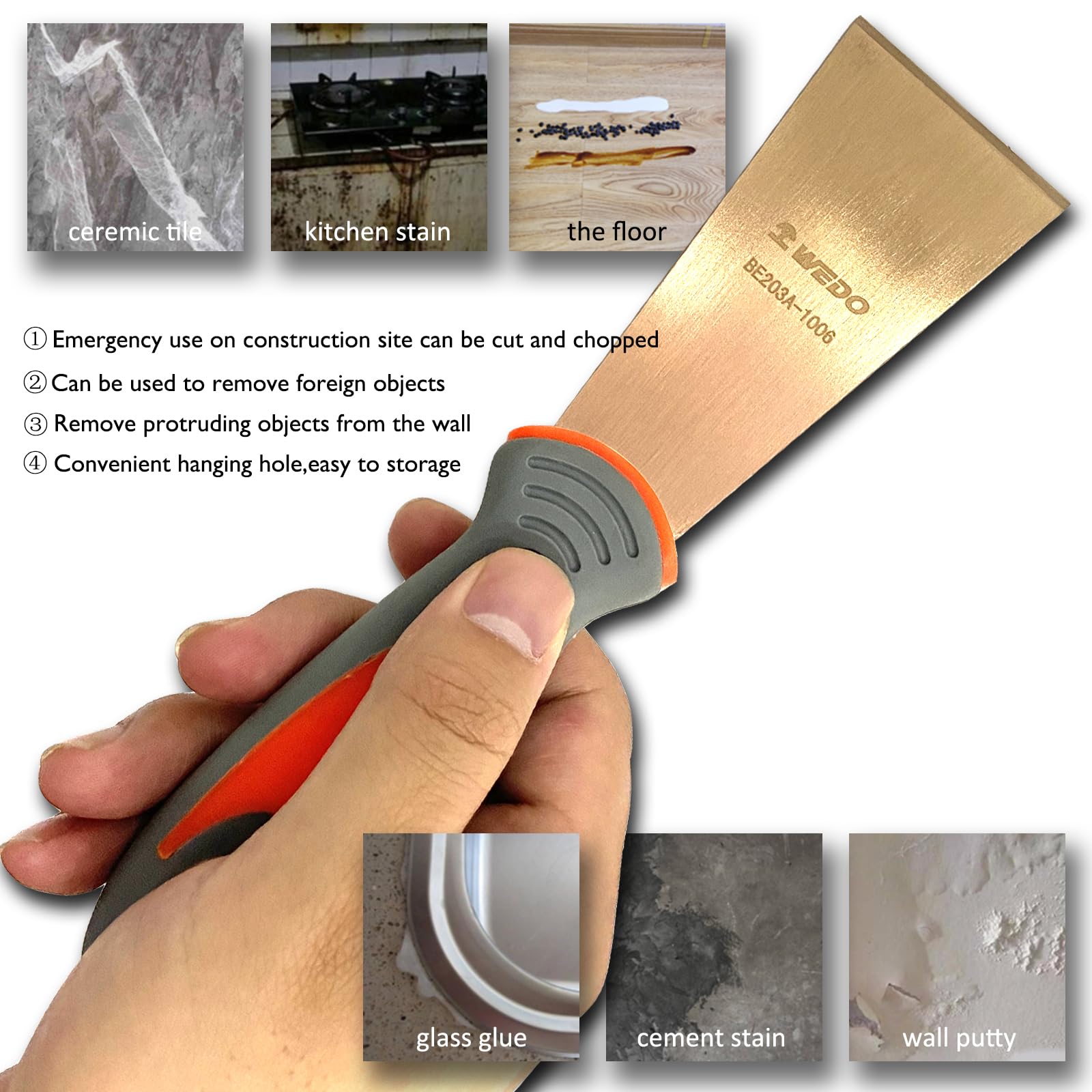 WEDO Spatola Senza Scintille,Spatole in berillio rame,Spatola della pittura 25 mm,lunghezza 203mm,non magnetico,Coltelli di Spatola con manico in vetroresina,Certificato BAM e FM
