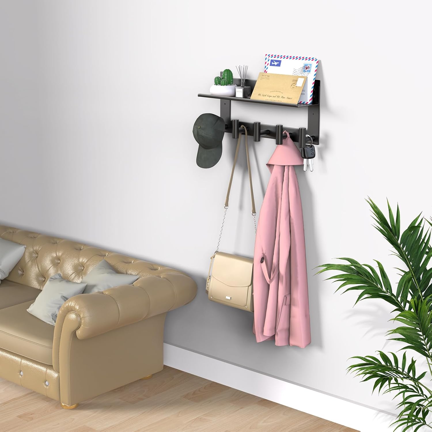 VAEHOLD Wall-mounted Coat Rack with Shelf Wall Hooks with Upper and Lower Double Storage Entryway Shelf with 5 Stainless Steel Hooks to Hang Clothes Towels Bathrobe Purse(Black)