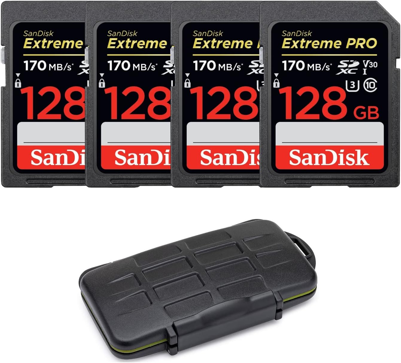 Sandisk 128GB Extreme PRO 200 MB/s UHS-I SDXC Memory Card (4-Pack) Bundle with Storage Carrying Case (5 Items)