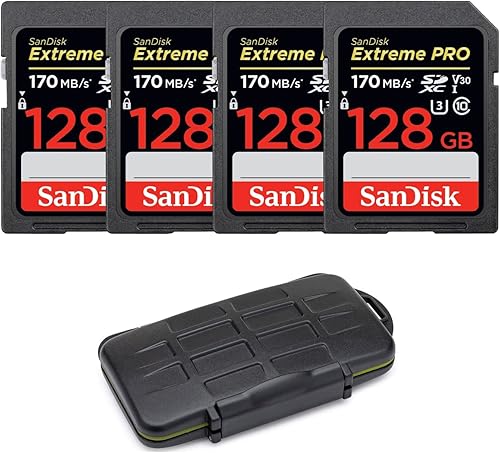 SanDisk Tarjeta de memoria SDXC UHS-I de 128 GB Extreme PRO de 200 MB/s (paquete de 4) con estuche de almacenamiento (5 artículos)