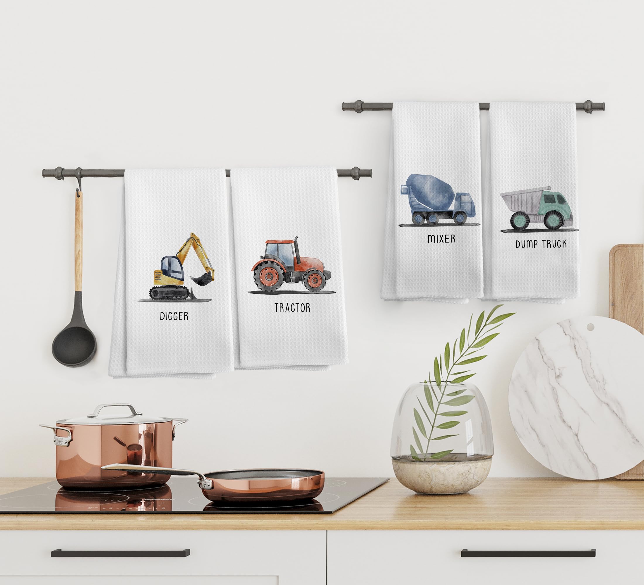 Juego de 4 toallas de mano decorativas de vehículos de construcción para niños, toalla de mano decorativa para niños, vehículos de ingeniería, toallas de mano para baño, cocina, 16 x 24 pulgadas