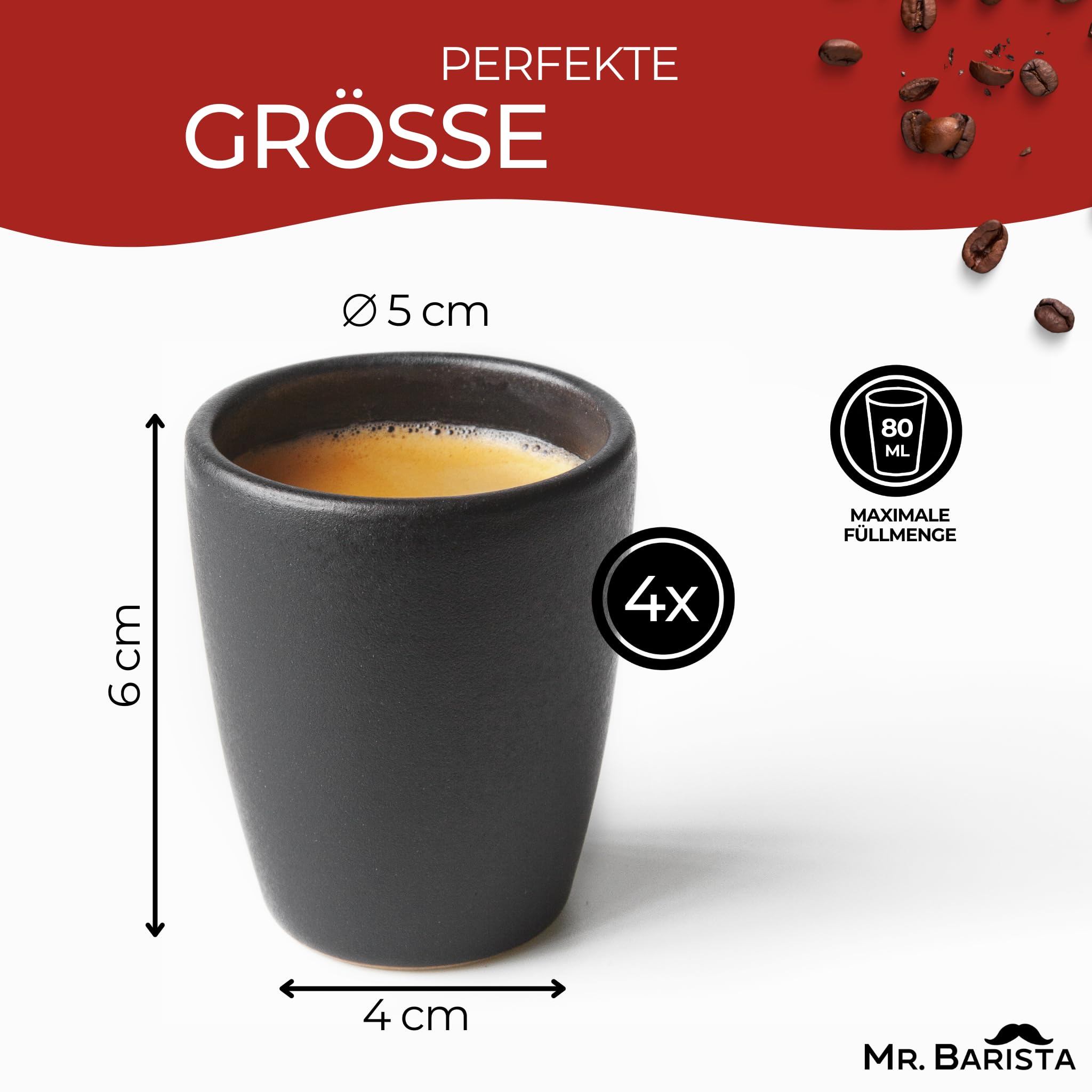 Mr. Barista® Set di 4 tazzine da caffè fatte a mano, perfette per espresso, 80 ml, lavabili in lavastoviglie, colore nero opaco