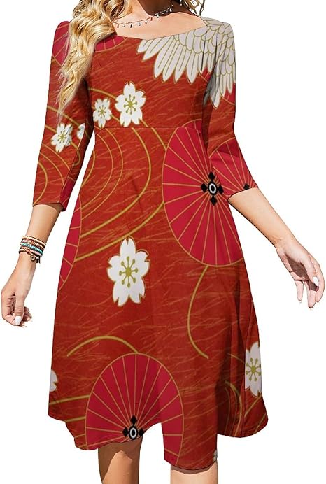 Amazon Co Jp ワンピース レディース 春と夏 スカート 桜散る 和風 鶴柄 桜の花 ドレス クルーネック ビーチスカート ハイウエスト ロングワンピース ミドル丈 七分袖 大きいサイズ Aライン 着痩せ 体型カバー ボウショルダーストラップ カジュアル 日常着 涼しげ L 服