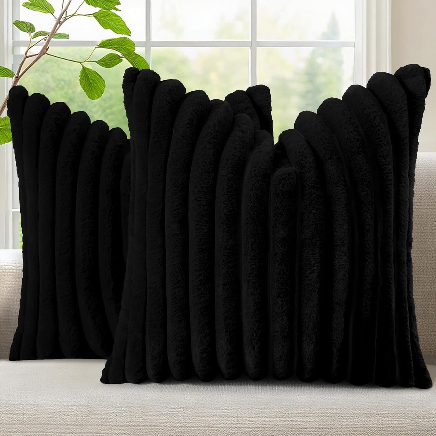 decorUhome Faux Fur Cushion Covers 50x50 cm Set of 2, Decorative Soft Plush Striped Neutral Pillow case 20X20 Inch with Velvet Back for Sofa, Bed, Living Room Home Decor, Black