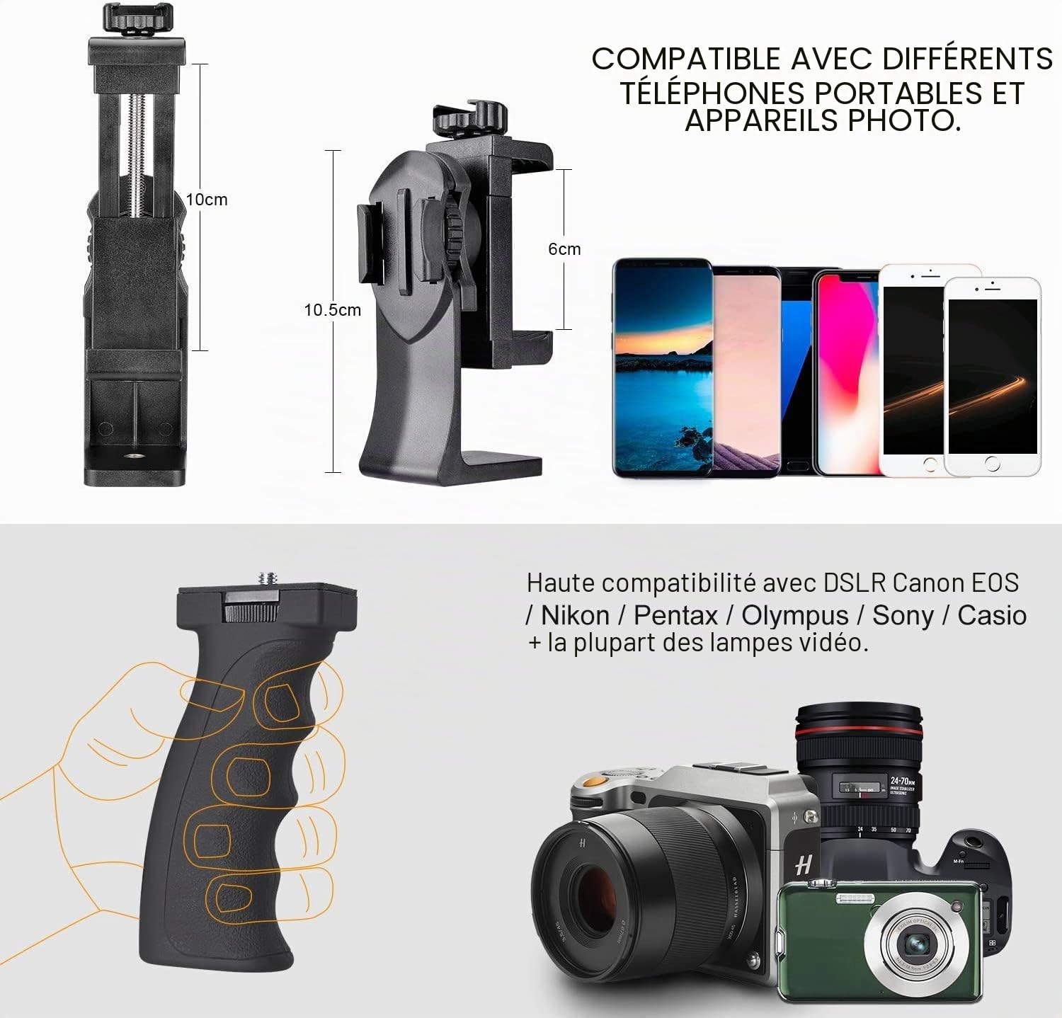 2en1 Ergonomique Hand Grip Stabilisateur Smartephone Caméra Sport Kit de Support Poignée Portable pour Youtube Tiktok Voyage Video Vlog Compatible avec Gopro iPhone - Micro/Video LED Light Adaptable