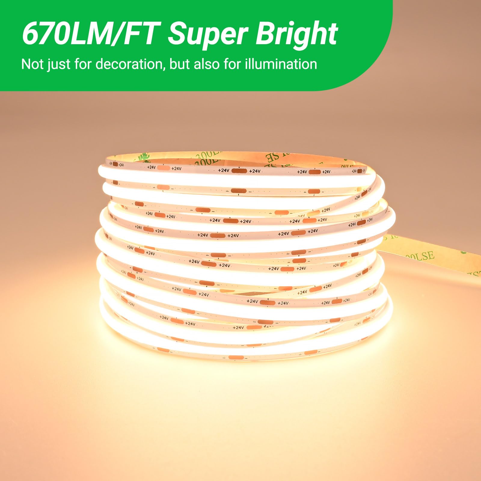 JOYLIT Striscia LED COB 24V 5M 3000K Bianco Caldo 2200LM/M Alta Luminosità, UL CE PRO 288LEDs/M CRI 92+ 19W/M 10MM Bianca Luce Adesiva Strip LED Per Domestico Commerciale (Alimentazione Non Inclusa)