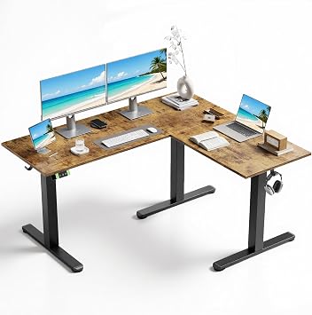 Seang 59 inch L Shaped Standing Desk, Height Adjustable Corner Workstation, Height Adjustment Sit Stand Up Computer Desk with Dual Motors, Ideal for Home Office & Gaming, Rustic Brown