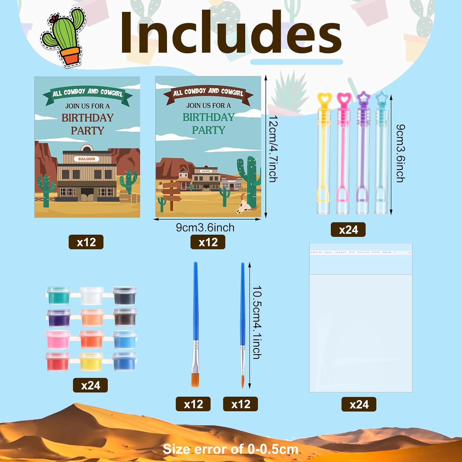 VioraWhite 24 Set Birthday Party Favor Craft Include 24 Pcs DIY Wooden Painting Art Kit 24 Pcs Bubble Wand 24 Gift Card Wood Coloring Paint Gift Bulk for Classrooms Supplies(Western Cowboy Cowgirl) - Image 3