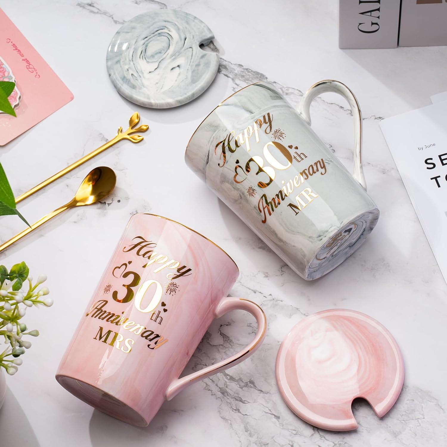 30th Anniversary Wedding Gifts, Pearl Anniversary Wedding Gift 2PCS Happy 30th Weddin-g Anniversar-y Mr Mrs Gift Marble Ceramic Cup Set 14oz, 30t-h Anniversar-y Couple Gifts for Parents, with Giftbox - Image 7